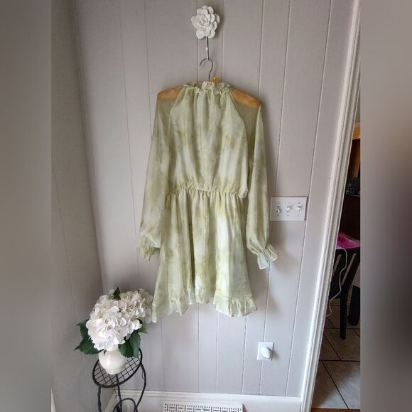 Sealgirl Chiffon Floral Sage White Sheer Long Sleeve Midi Dress Size Large - Picture 4 of 10